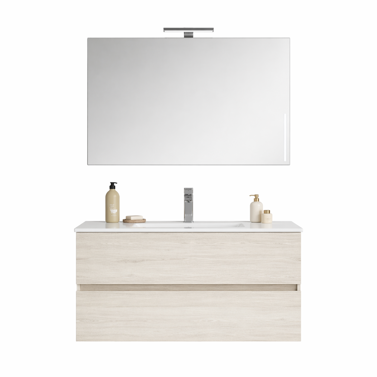 Mobile Bagno Sospeso Easy 2 Cassetti 100 cm Rovere Ghiaccio con Specchio e LED