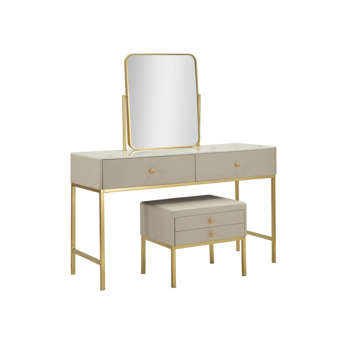 Toeletta Luxury 120 cm con Specchio e Sgabello Beige e Oro con Piano Effetto Marmo