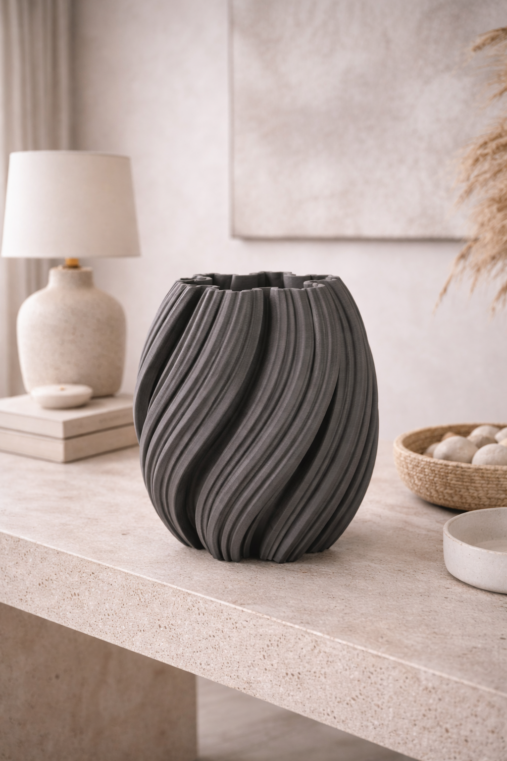 Vaso Decorativo Joleen In Ceramica Grigio Texture Ondulata H 21cm