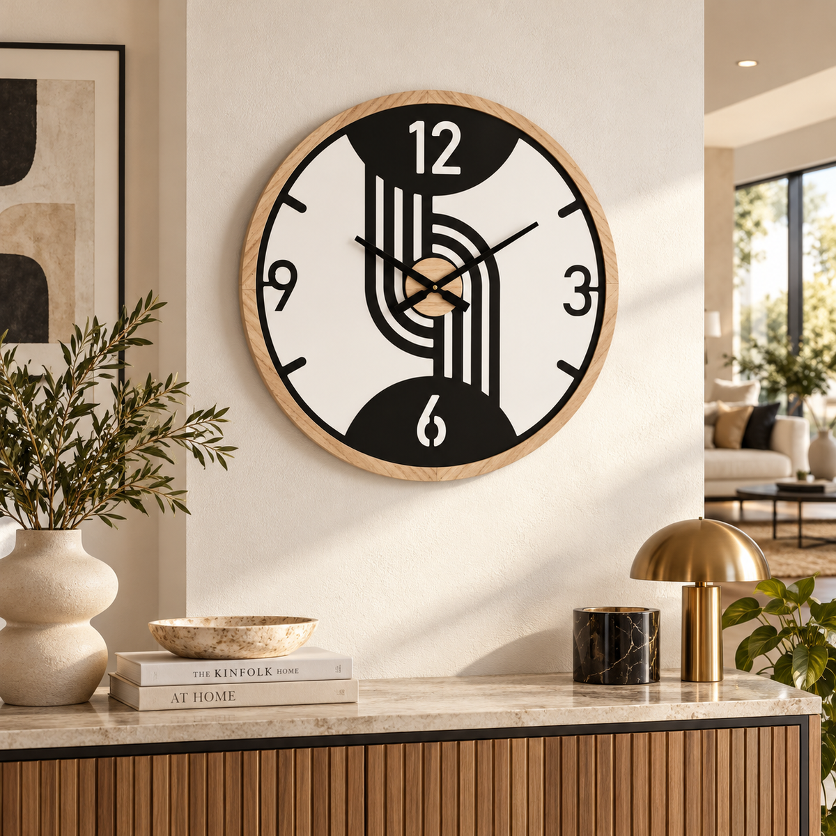 Orologio da Parete Clips Ø60 cm Nero e Legno Design Geometrico Moderno