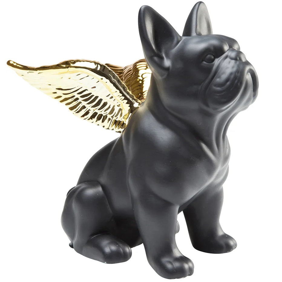 Statuetta Figura Decorativa Sitting Angel Dog Bulldog Cane Nero Con Ali Oro