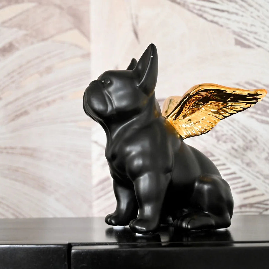 Statuetta Figura Decorativa Sitting Angel Dog Bulldog Cane Nero Con Ali Oro