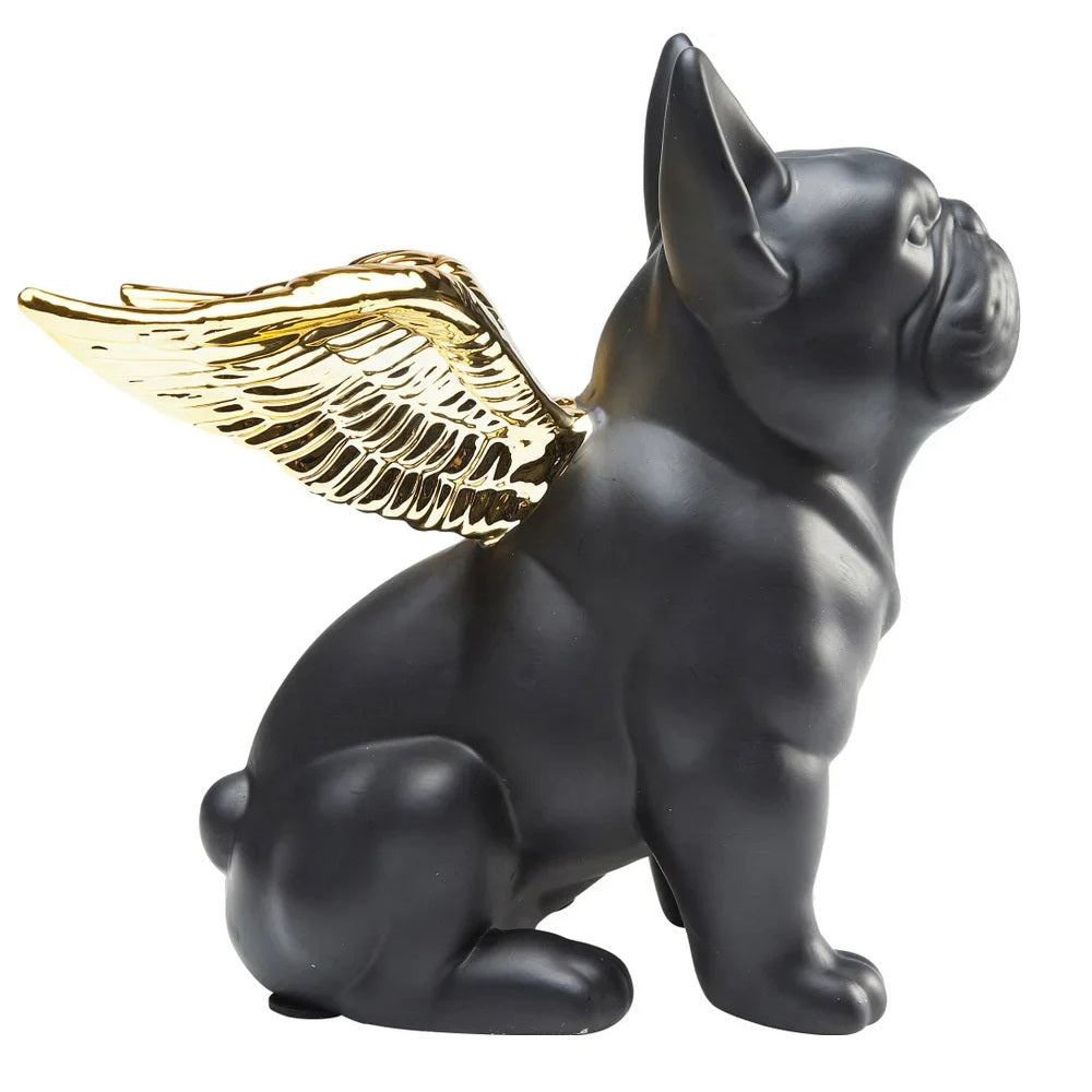 Statuetta Figura Decorativa Sitting Angel Dog Bulldog Cane Nero Con Ali Oro