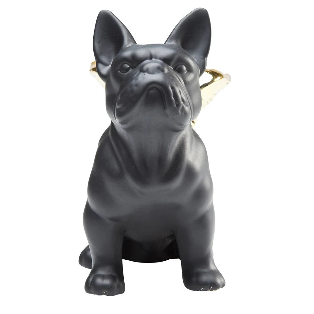 Statuetta Figura Decorativa Sitting Angel Dog Bulldog Cane Nero Con Ali Oro