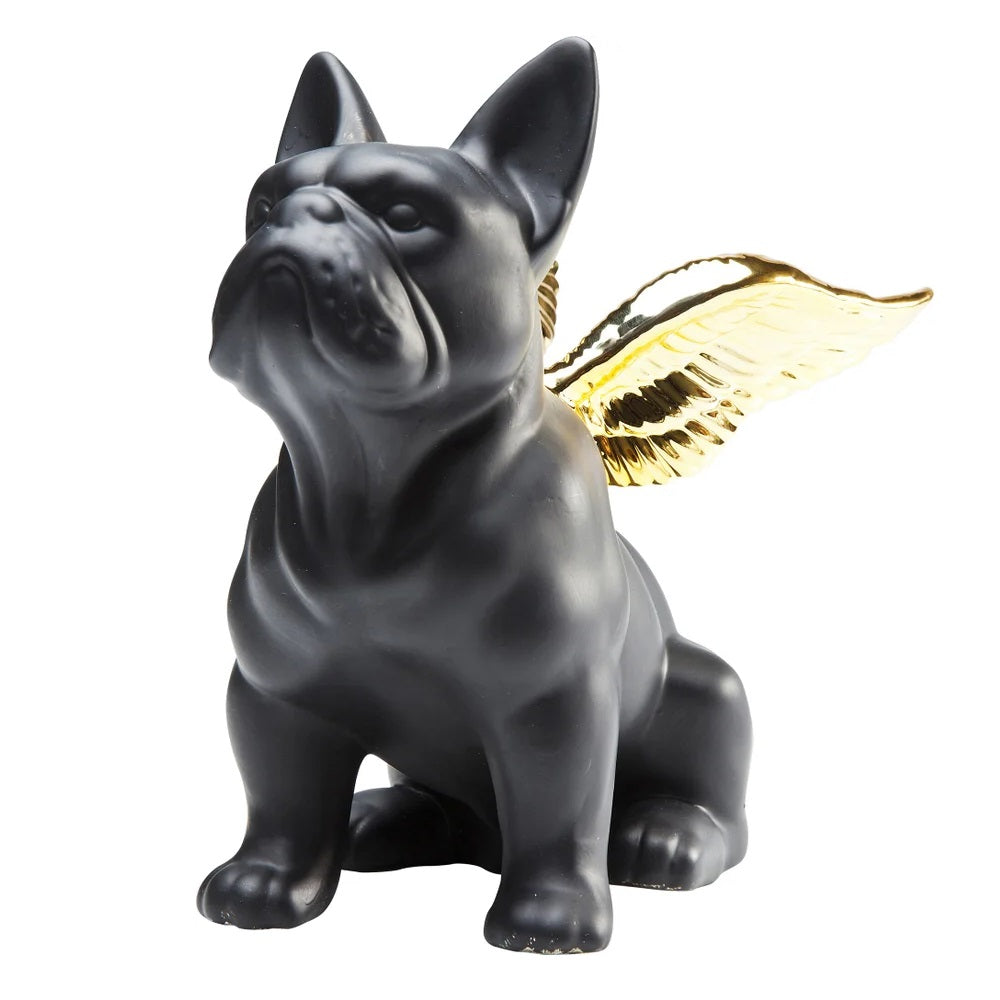 Statuetta Figura Decorativa Sitting Angel Dog Bulldog Cane Nero Con Ali Oro