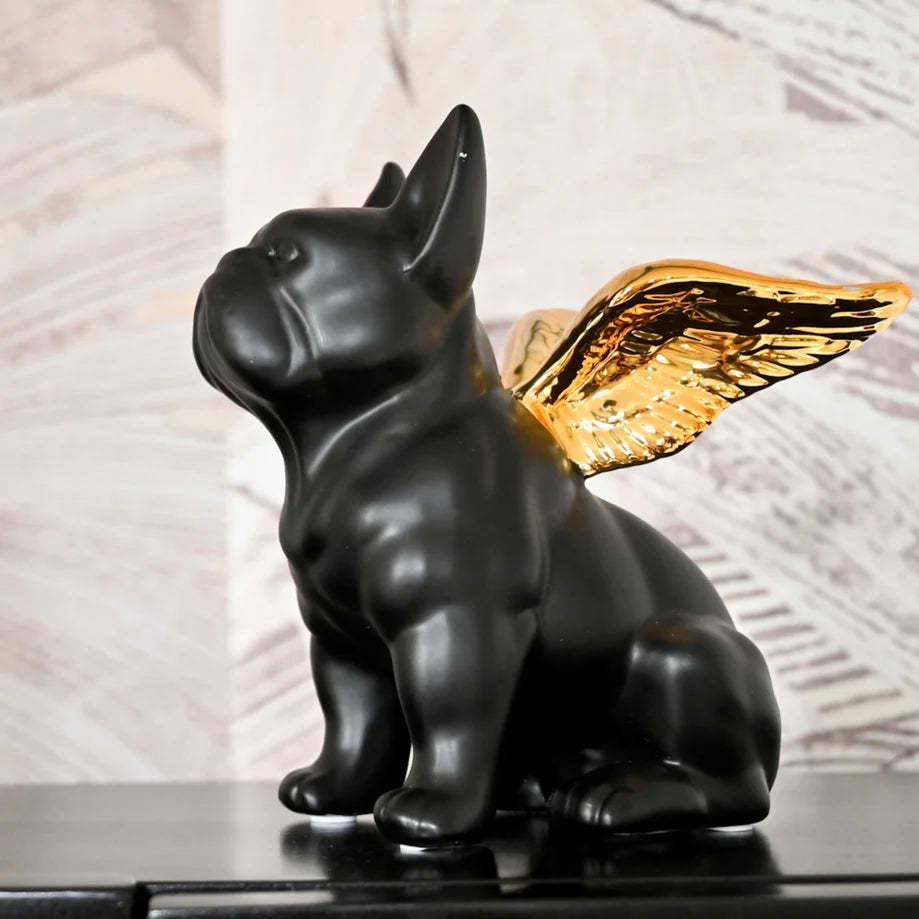 Statuetta Figura Decorativa Sitting Angel Dog Bulldog Cane Nero Con Ali Oro