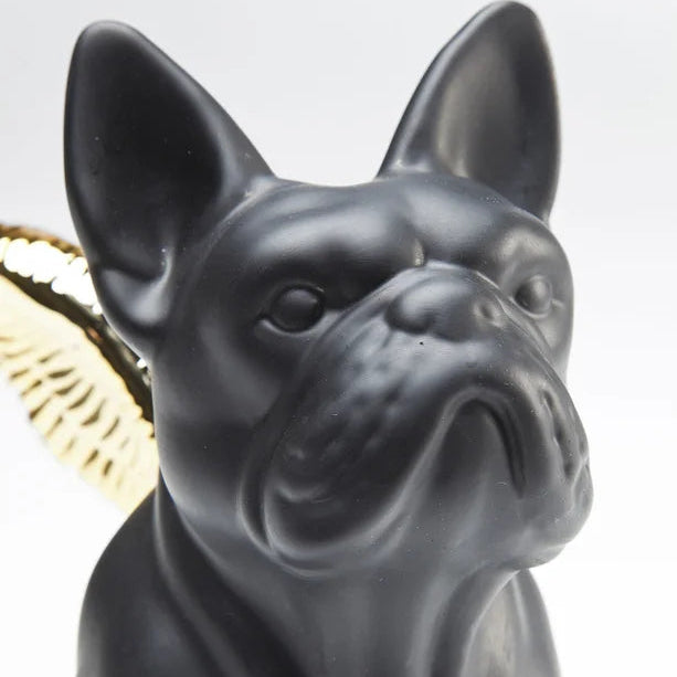 Statuetta Figura Decorativa Sitting Angel Dog Bulldog Cane Nero Con Ali Oro