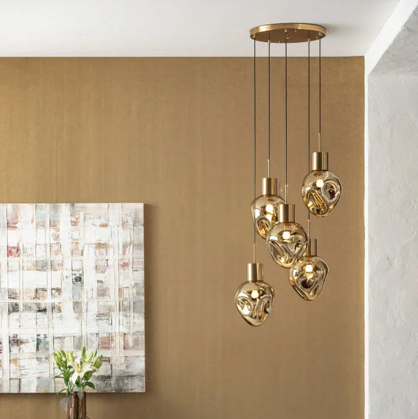 Lampadario a Sospensione Dough Amber Cinque Sfere Design Organico Ø50cm