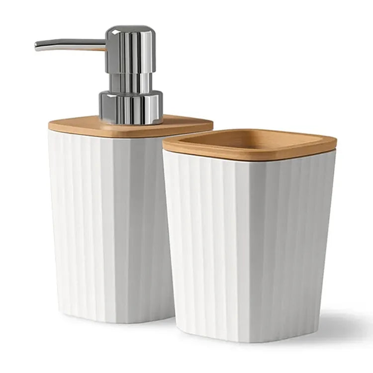 Set Appoggio Bagno 5 Pezzi Crema Show in Plastica e Bamboo Accessori Moderni
