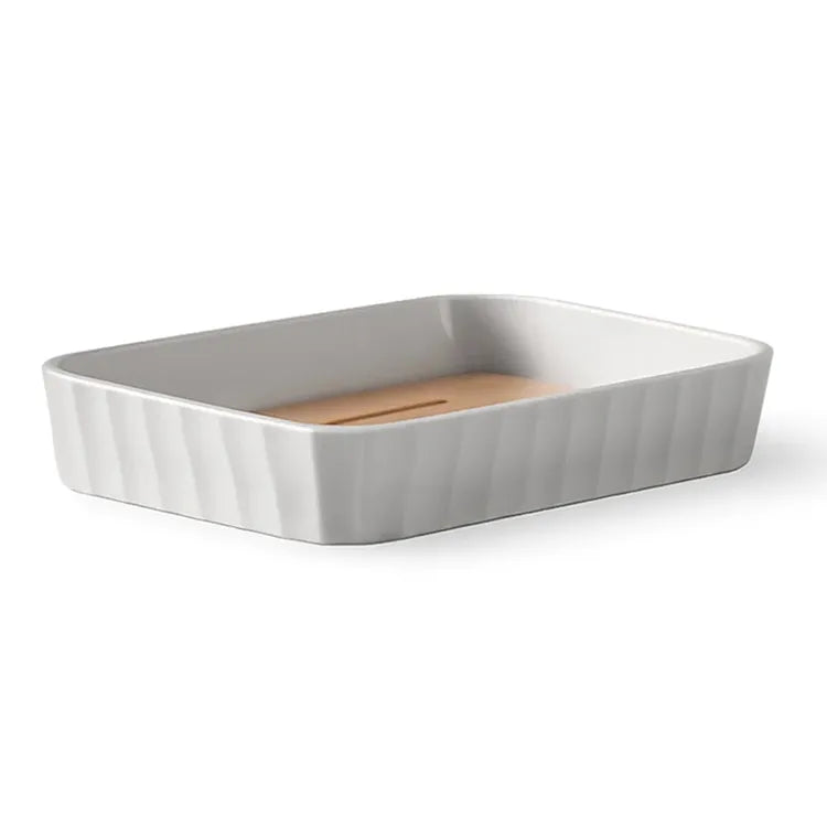 Set Appoggio Bagno 5 Pezzi Crema Show in Plastica e Bamboo Accessori Moderni