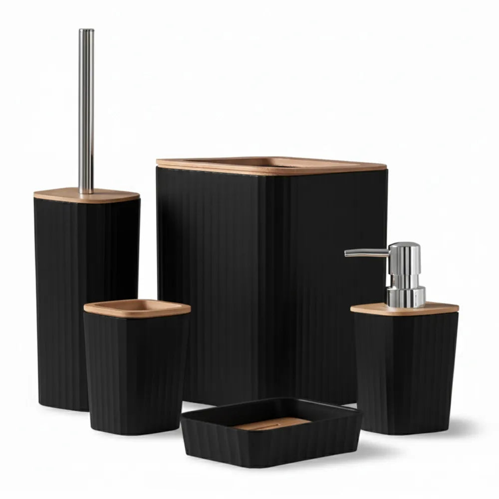Set Appoggio Bagno 5 Pezzi Nero Show in Plastica e Bamboo Accessori Moderni