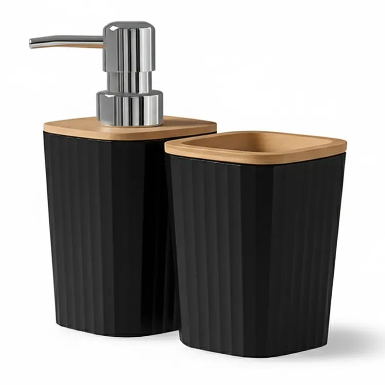 Set Appoggio Bagno 5 Pezzi Nero Show in Plastica e Bamboo Accessori Moderni