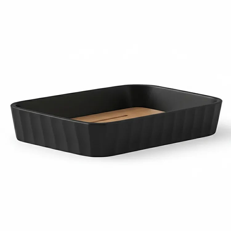 Set Appoggio Bagno 5 Pezzi Nero Show in Plastica e Bamboo Accessori Moderni