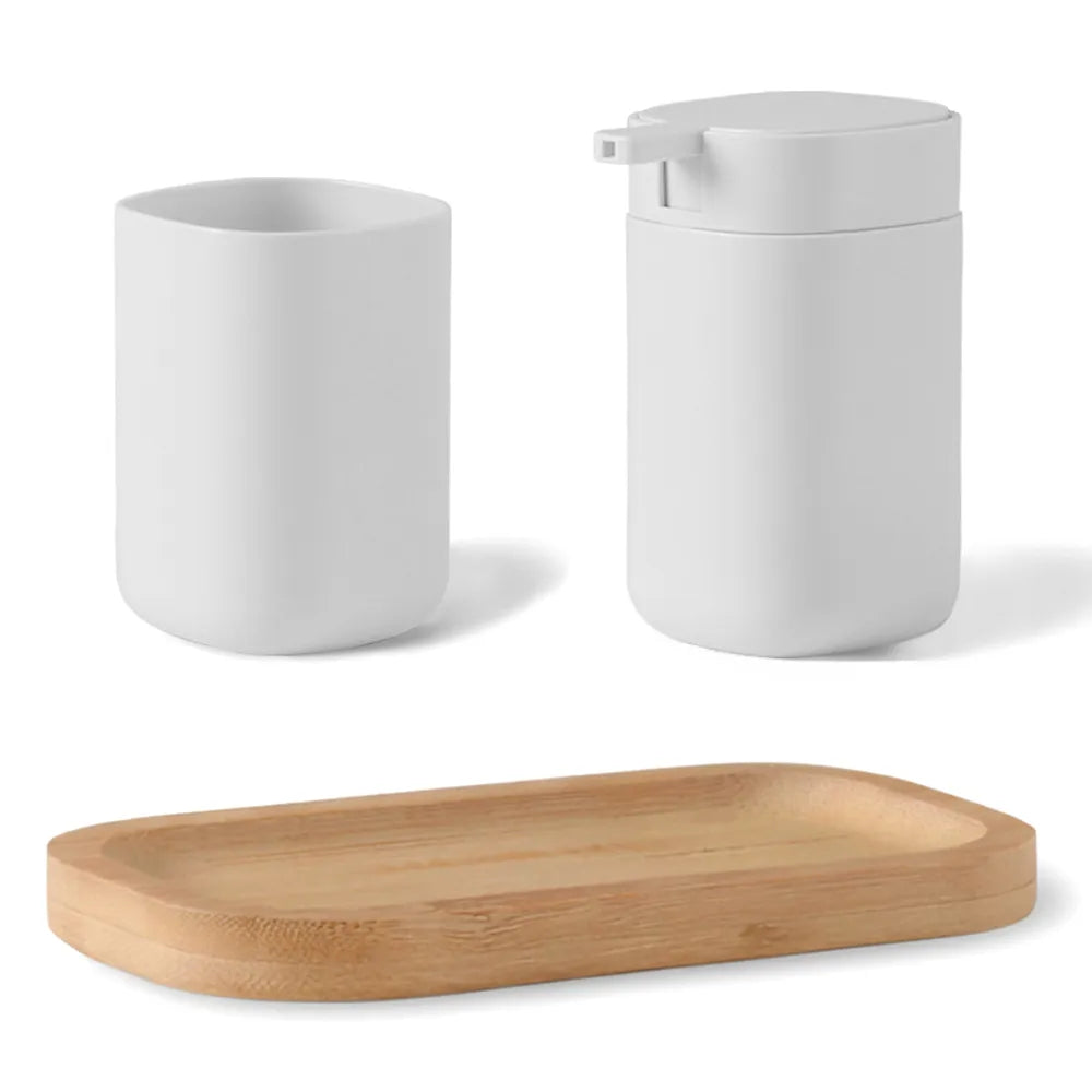 Set Bagno 3 Pezzi Taki in Plastica e Bamboo Accessori Moderni