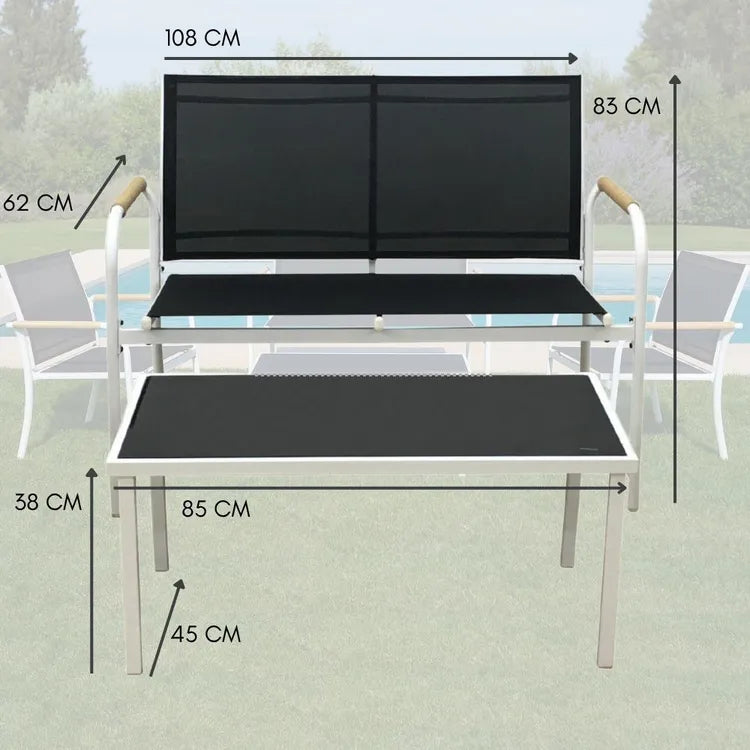 Set Salotto da Giardino 4 Pezzi Menton Bianco Nero con Tavolo in Vetro