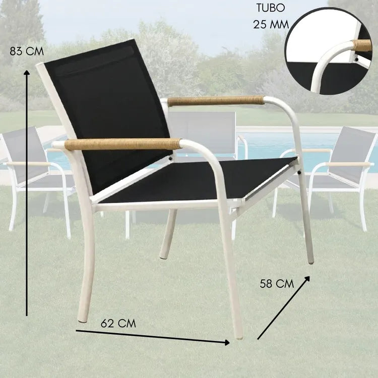 Set Salotto da Giardino 4 Pezzi Menton Bianco Nero con Tavolo in Vetro