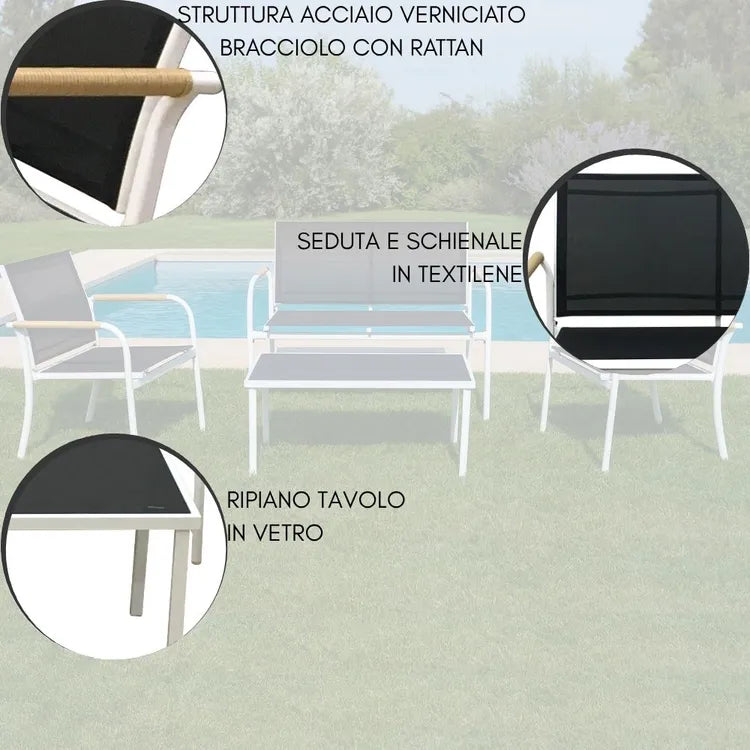 Set Salotto da Giardino 4 Pezzi Menton Bianco Nero con Tavolo in Vetro