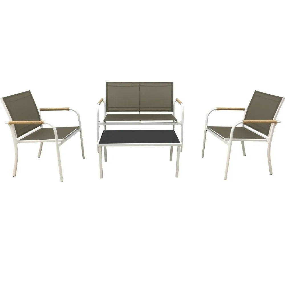 Set Salotto da Giardino 4 Pezzi Menton Bianco Beige con Tavolo in Vetro