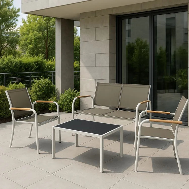 Set Salotto da Giardino 4 Pezzi Menton Bianco Beige con Tavolo in Vetro