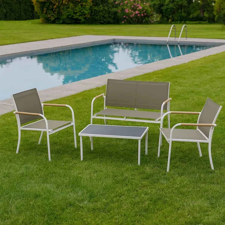 Set Salotto da Giardino 4 Pezzi Menton Bianco Beige con Tavolo in Vetro