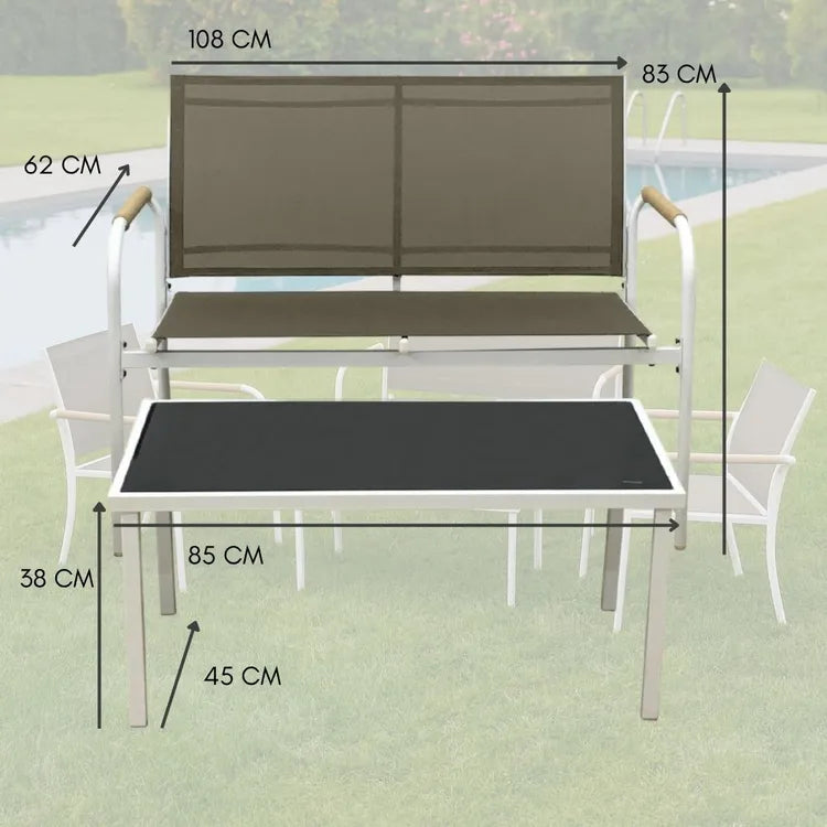 Set Salotto da Giardino 4 Pezzi Menton Bianco Beige con Tavolo in Vetro