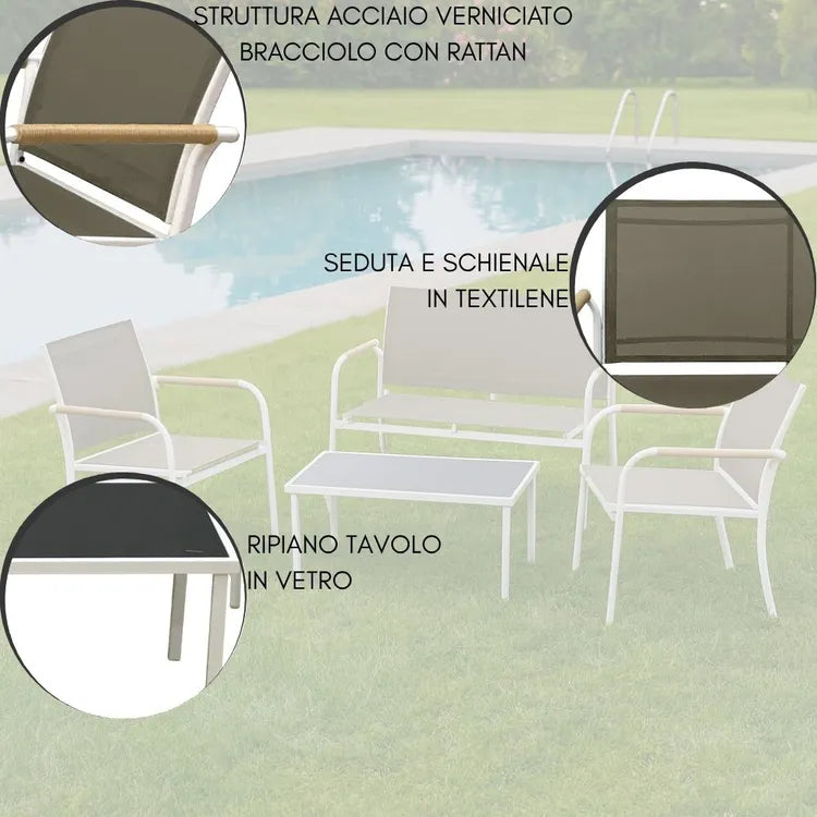 Set Salotto da Giardino 4 Pezzi Menton Bianco Beige con Tavolo in Vetro