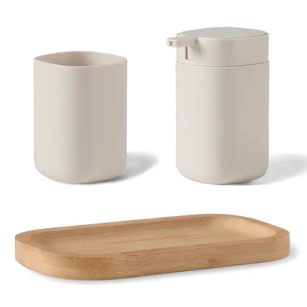 Set Bagno 3 Pezzi Taki in Plastica e Bamboo Accessori Moderni