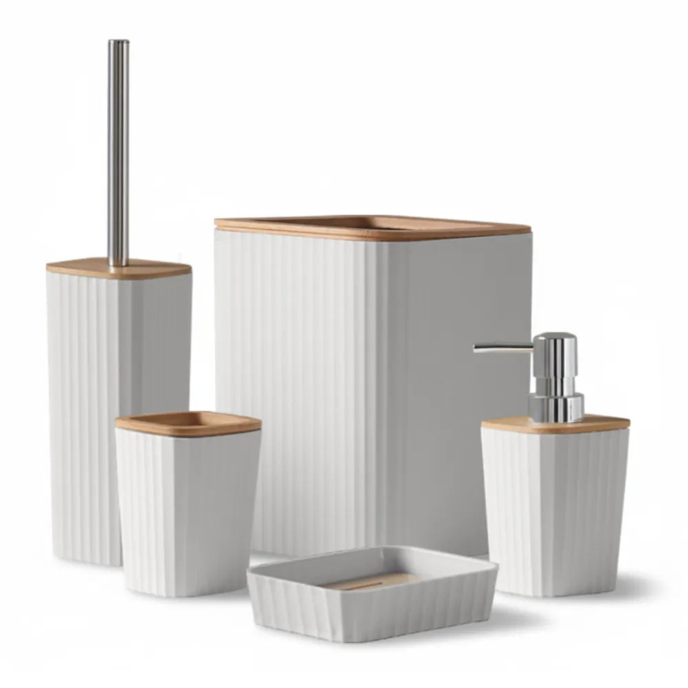 Set Appoggio Bagno 5 Pezzi Bianco Show in Plastica e Bamboo Accessori Moderni