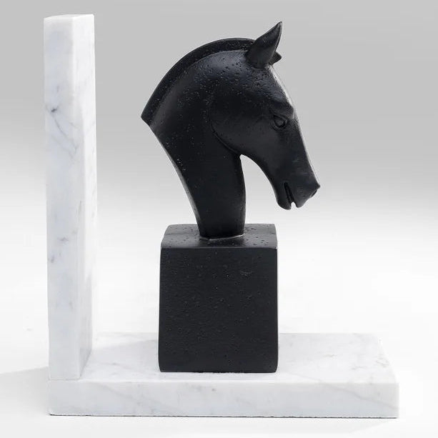 Fermalibri Testa di Cavallo Neri Set da 2 pezzi Base in Marmo Bianco