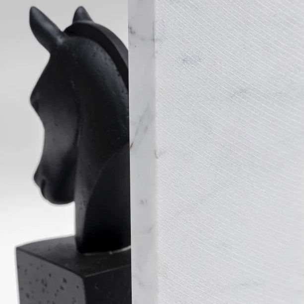 Fermalibri Testa di Cavallo Neri Set da 2 pezzi Base in Marmo Bianco