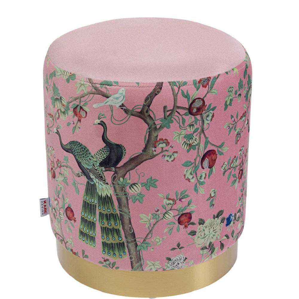 Sgabello Pouf Decorativo Cherry Peacock Rosa in Tessuto Base Oro Ø32cm