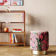 Sgabello Pouf Decorativo Cherry Peacock Rosa in Tessuto Base Oro Ø32cm