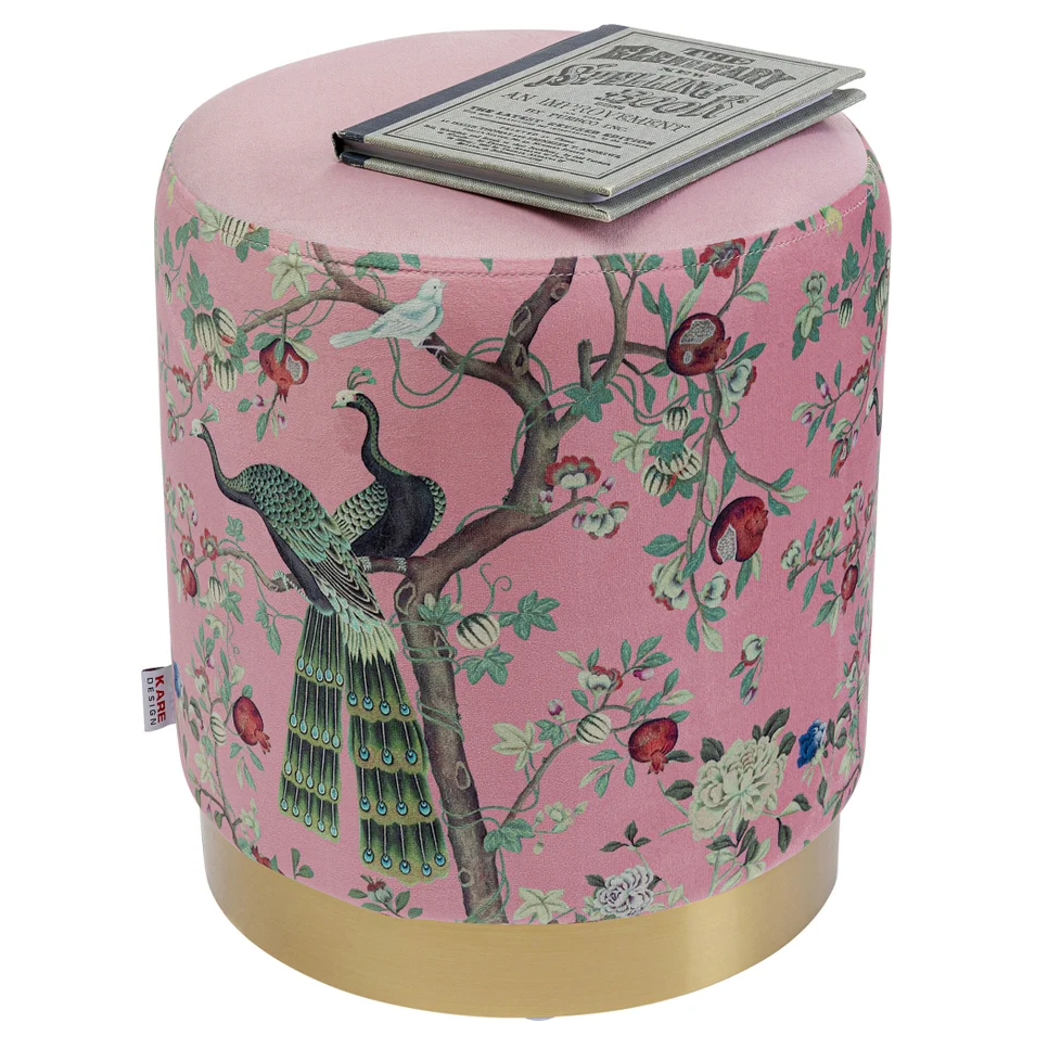 Sgabello Pouf Decorativo Cherry Peacock Rosa in Tessuto Base Oro Ø32cm