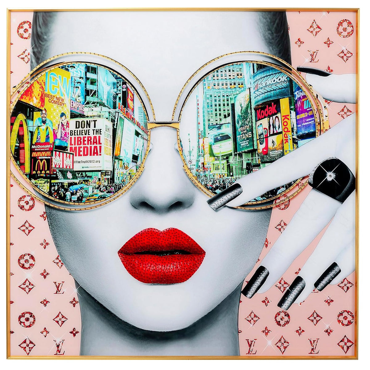 Quadro Decorativo Times Square View con Cornice Oro 120 x 120 cm