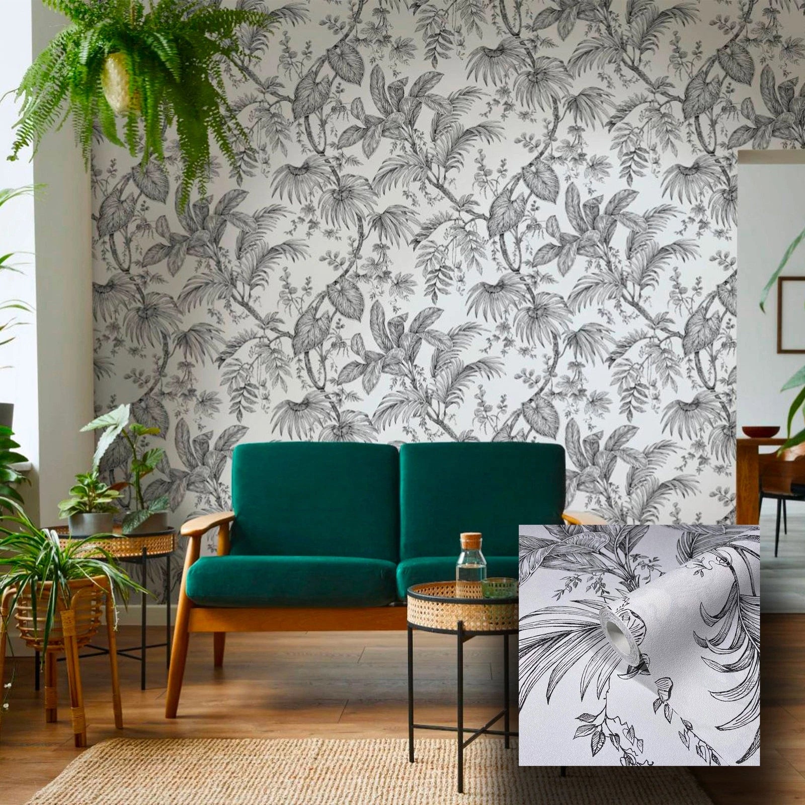 Pannello Carta da Parati Tnt Foglie Bianco Nero 159x270 cm Decorativo