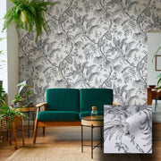 Pannello Carta da Parati Tnt Foglie Bianco Nero 159x270 cm Decorativo