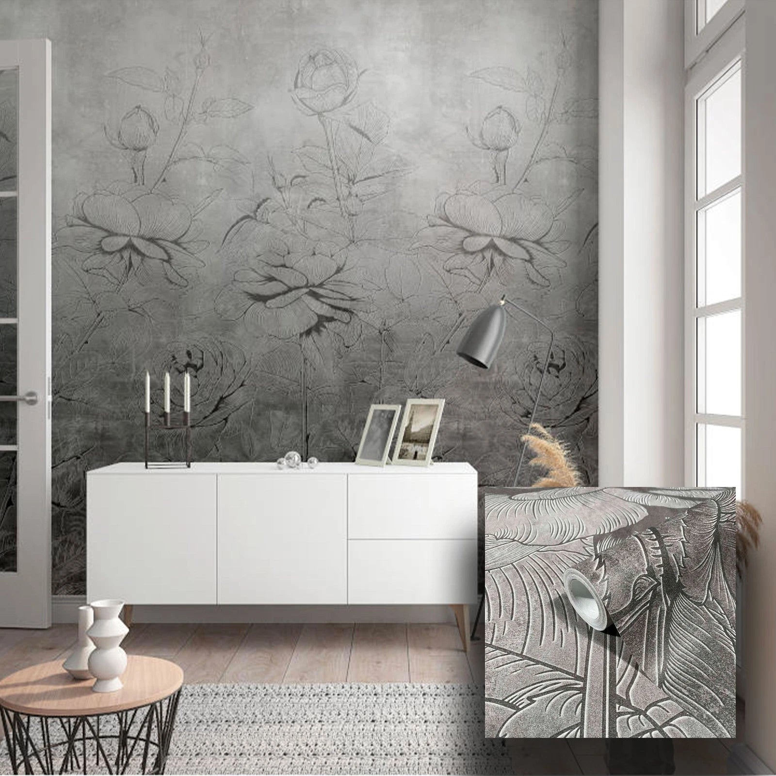 Carta da Parati TNT Fiori Grigio Effetto Artistico 159x270 cm Pannello Decorativo