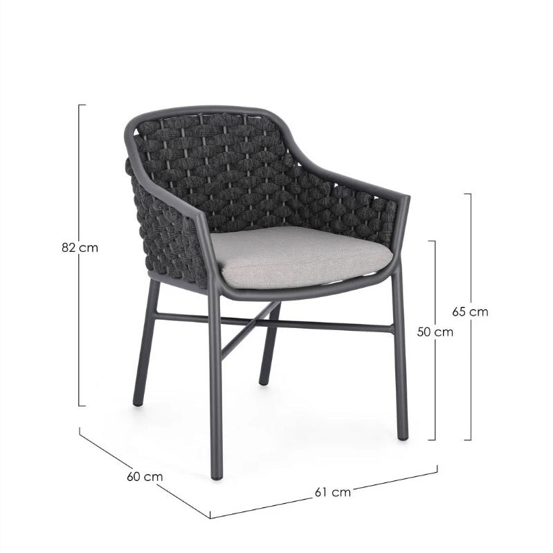 Poltroncina Sedia Intrecciata Everly con Braccioli e Cuscino Antracite