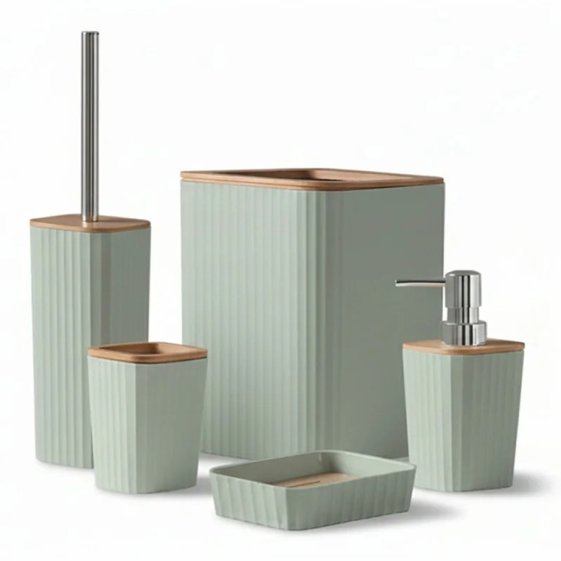 Set Appoggio Bagno 5 Pezzi Verde Show in Plastica e Bamboo Accessori Moderni