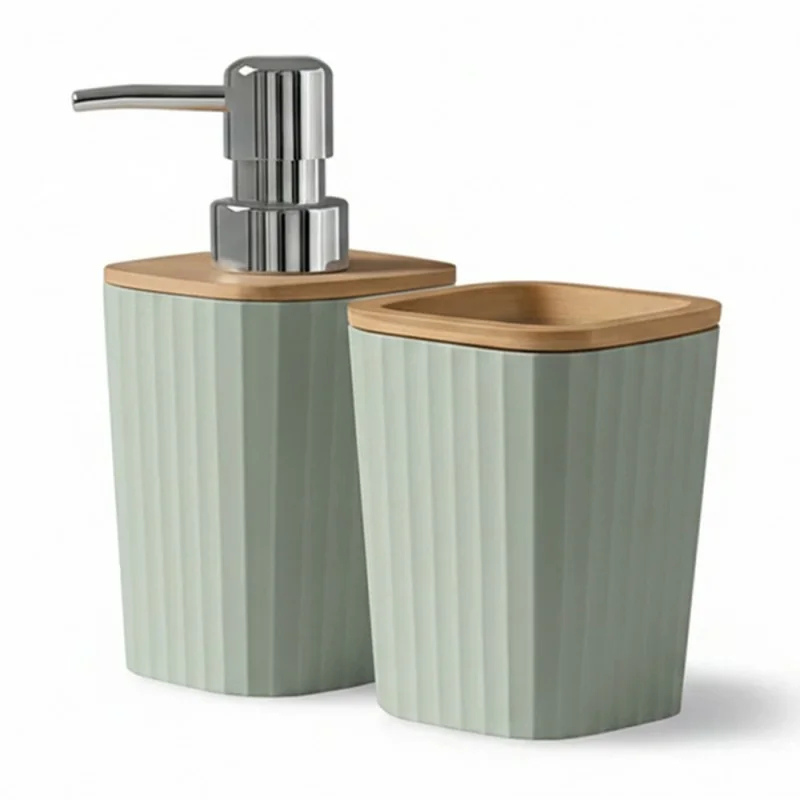 Set Appoggio Bagno 5 Pezzi Verde Show in Plastica e Bamboo Accessori Moderni