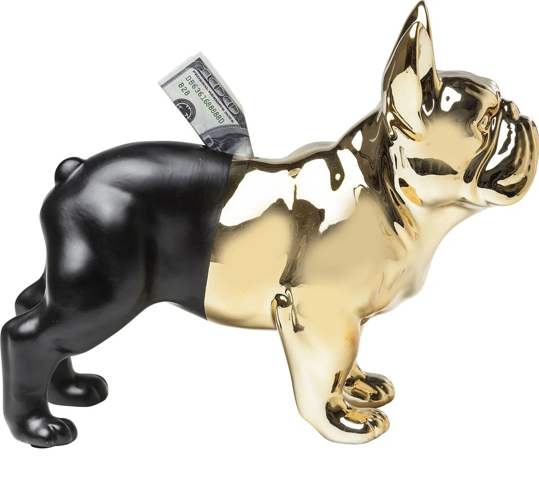 Salvadanaio Cane Bulldog Oro e Nero Decorativo In Poliresina