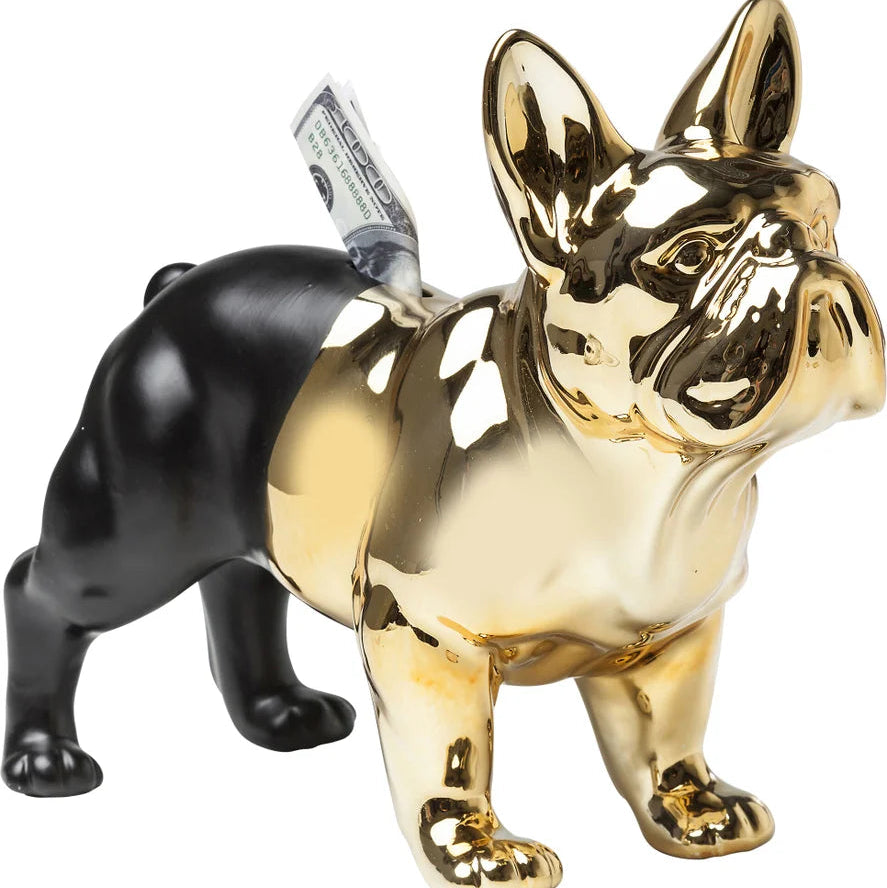 Salvadanaio Cane Bulldog Oro e Nero Decorativo In Poliresina